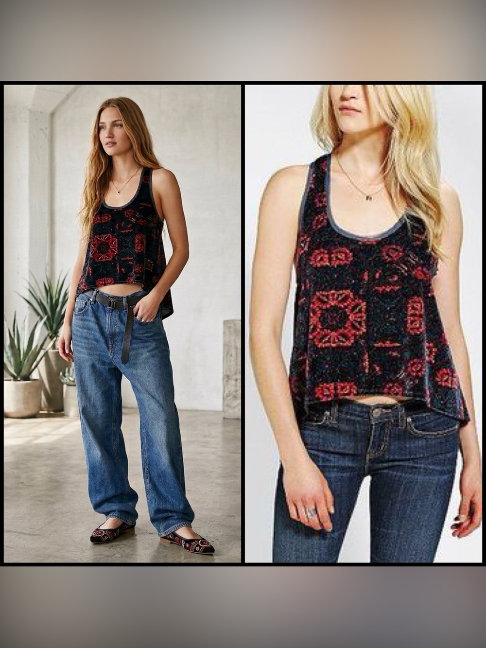 Ecote Velvet Burnout Frayed Trim Crop Racerback Tank Top Whimsigoth Boho Retro S